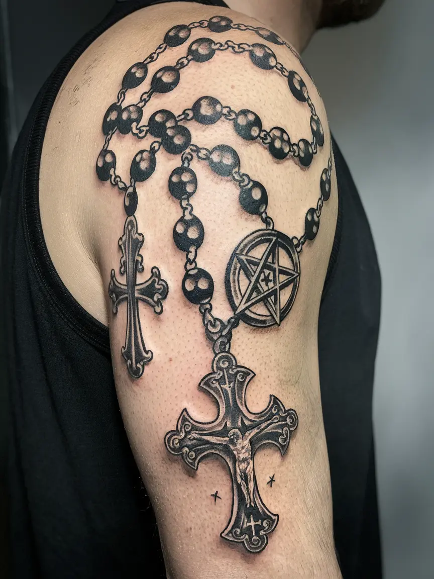 Subversive satanic rosary tattoo on arm