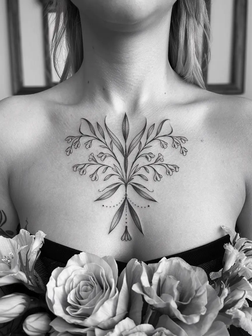 Symmetrical lily of the valley sternum tattoo