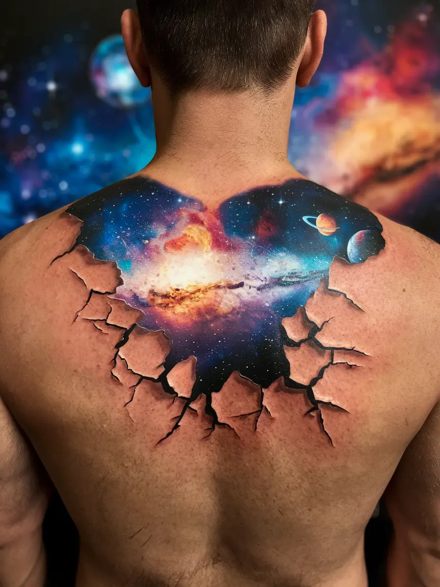 Cosmic skin break back tattoo