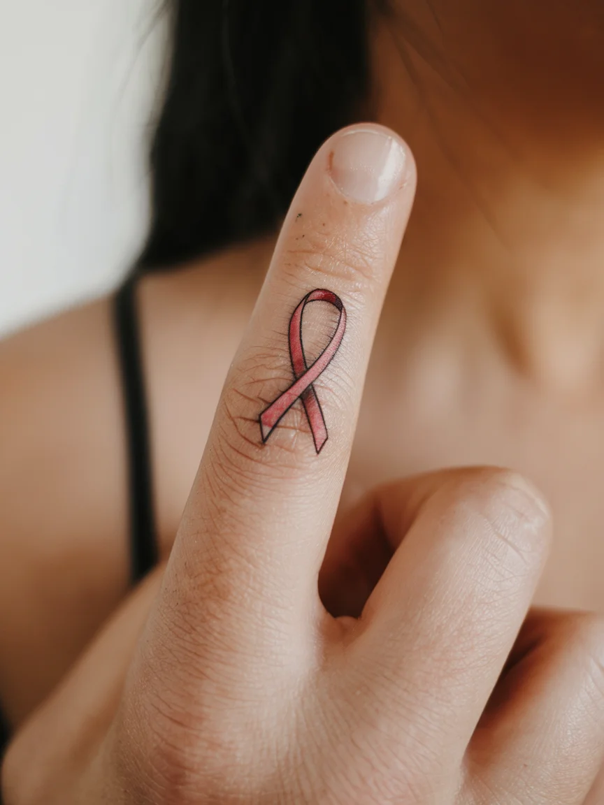 Woman's finger tattoo of ribbon bookmark