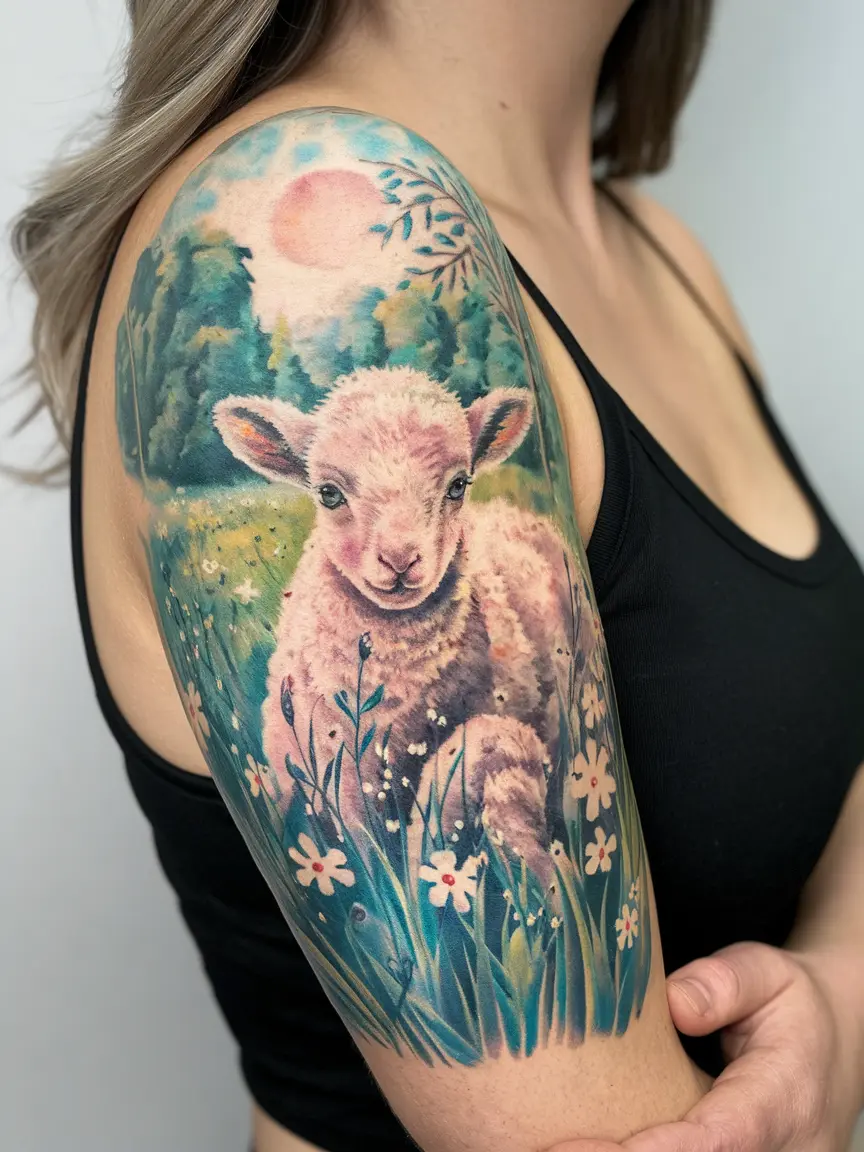 Lamb in nature scene tattoo sleeve