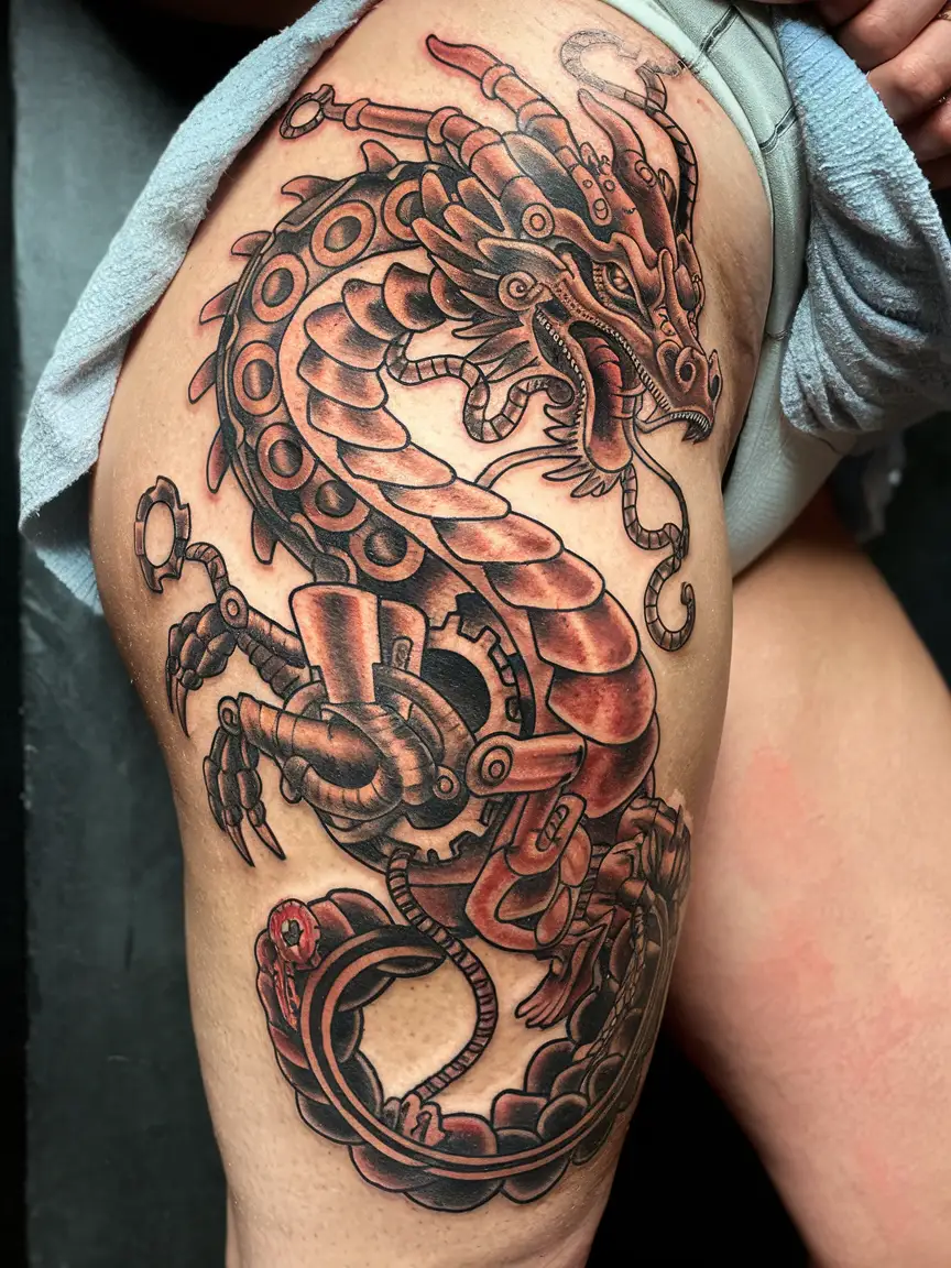 Steampunk dragon thigh tattoo