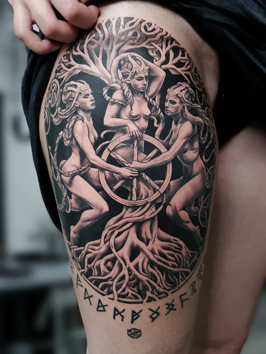 Norns thigh tattoo