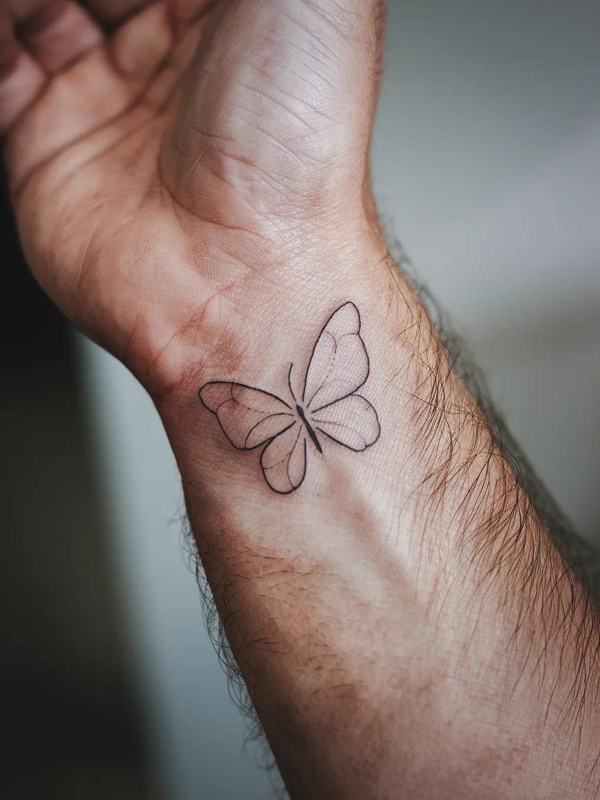 Minimalist outline butterfly tattoo on wrist