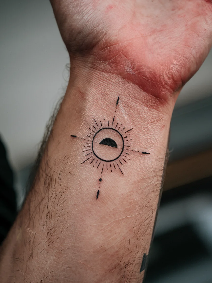 Man's wrist with minimalist sun and moon stick and poke tattoo