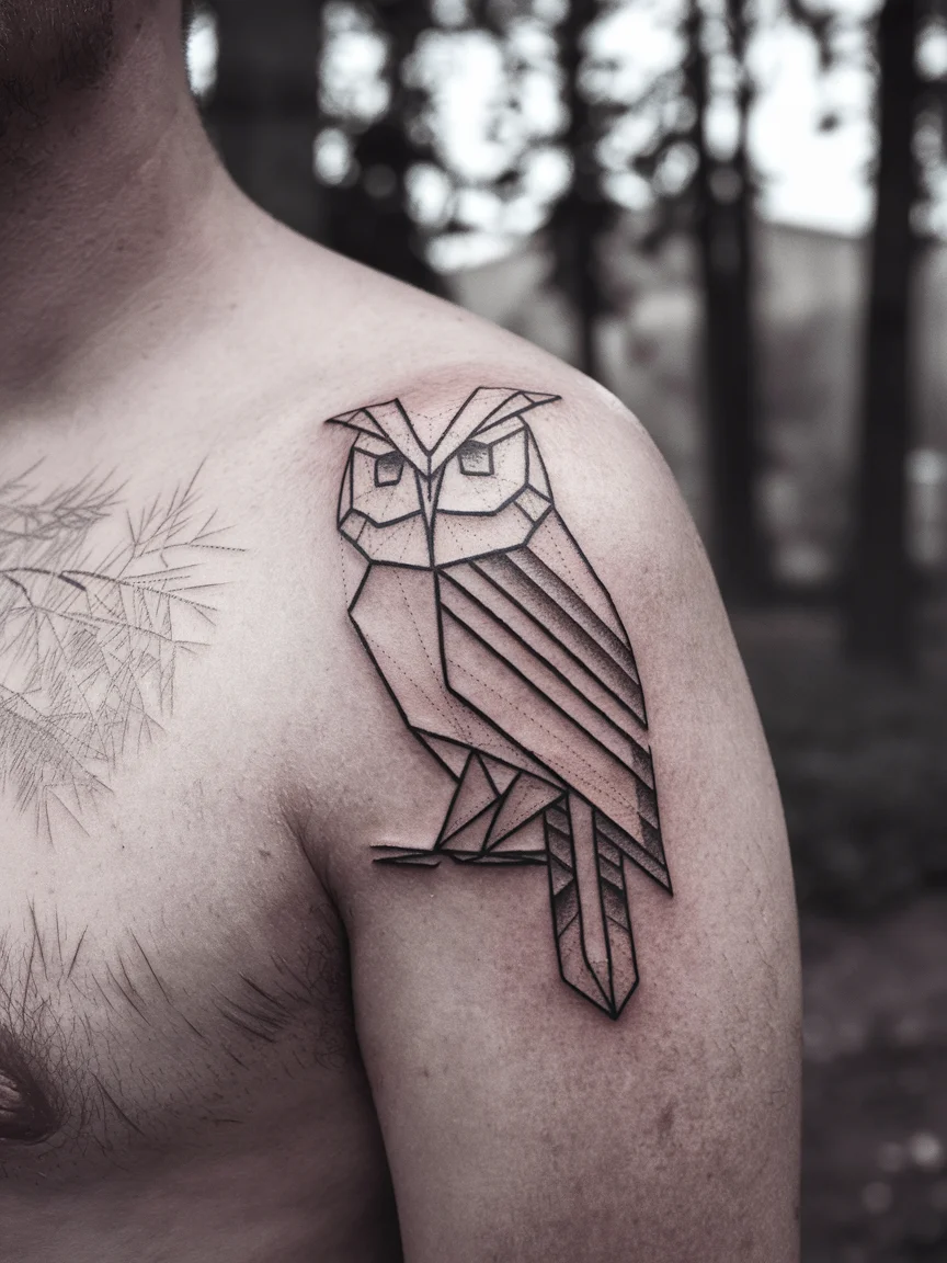 Geometric owl shoulder tattoo