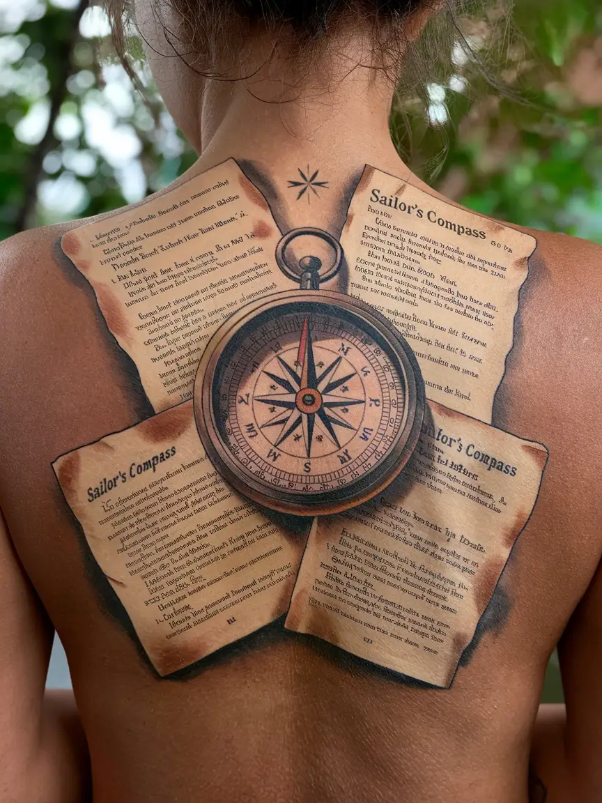 Woman's back tattoo of compass with book pages