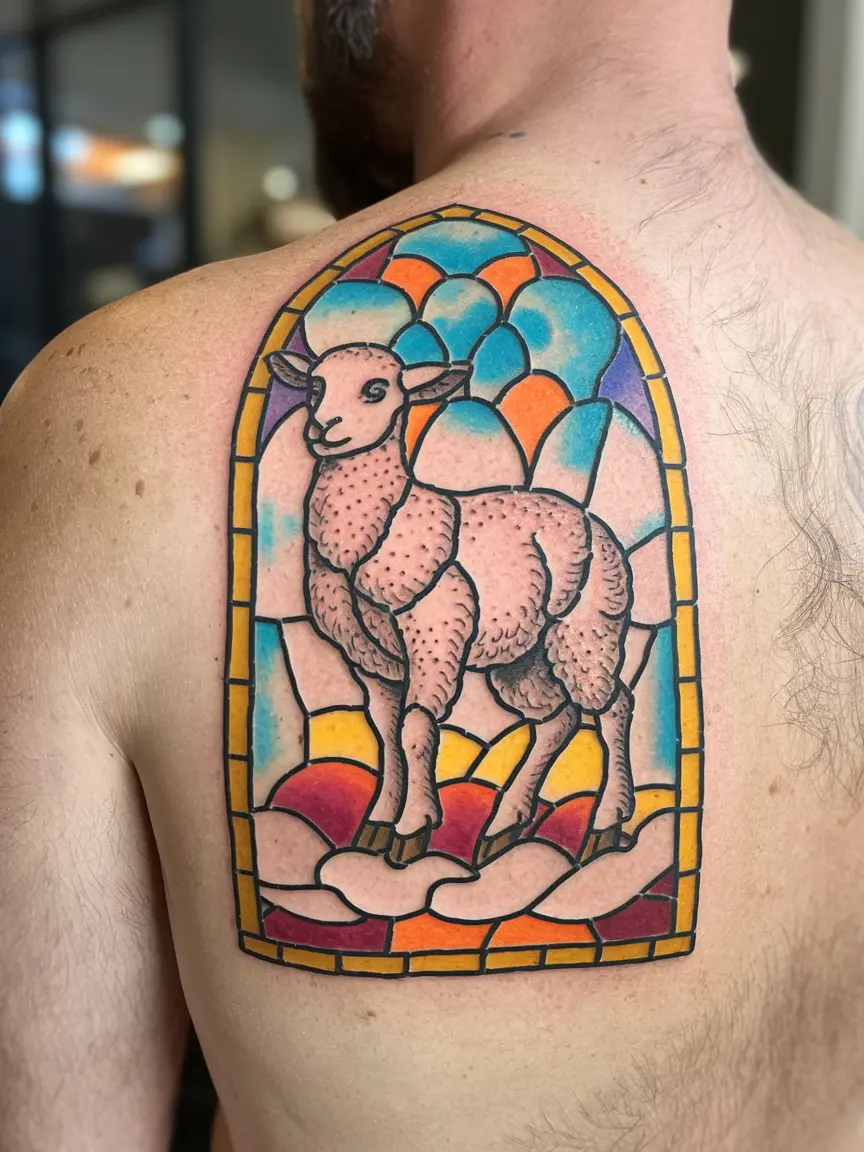 Stained glass style lamb tattoo on upper back