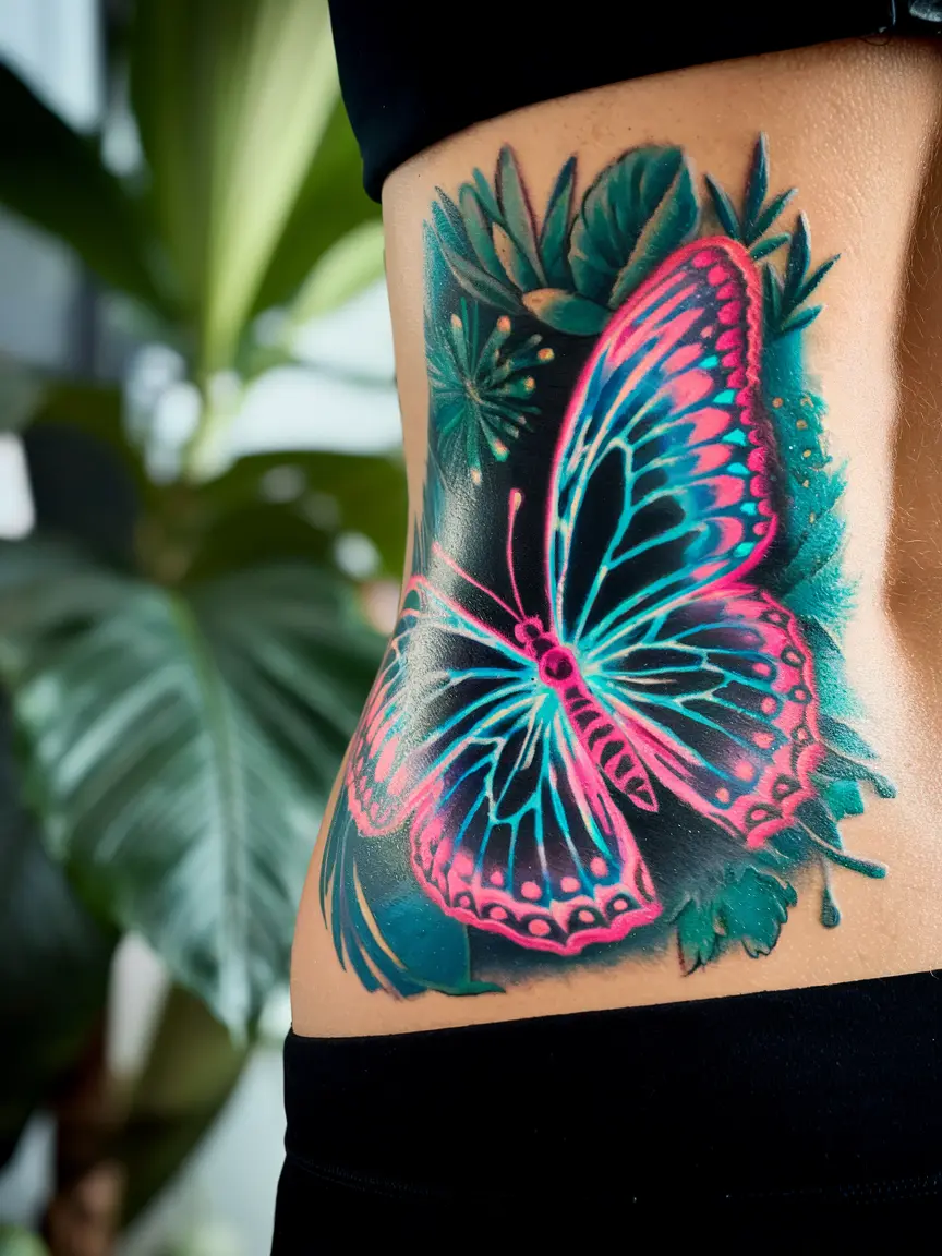 Neon-style glowing butterfly tattoo on lower back