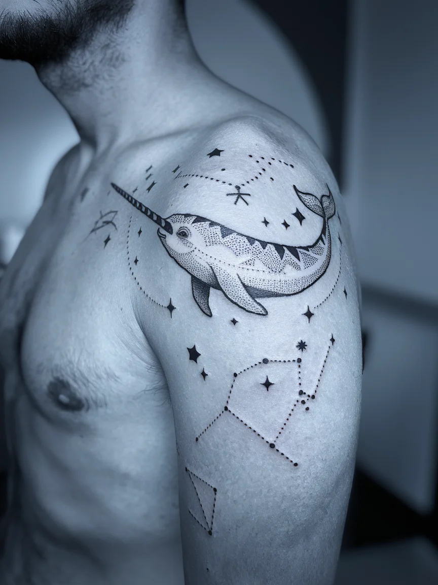 Narwhal and stars dotwork tattoo on man's upper arm