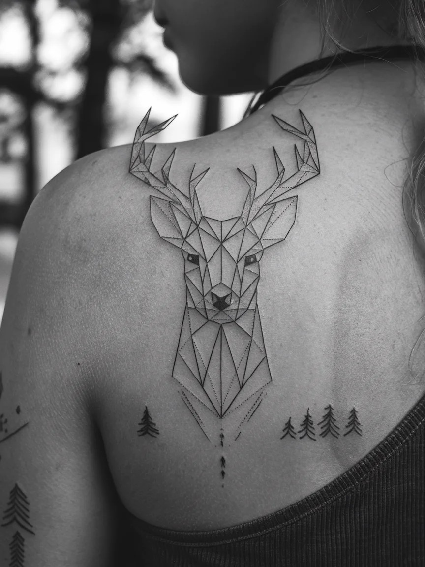 Geometric deer tattoo on woman's upper back