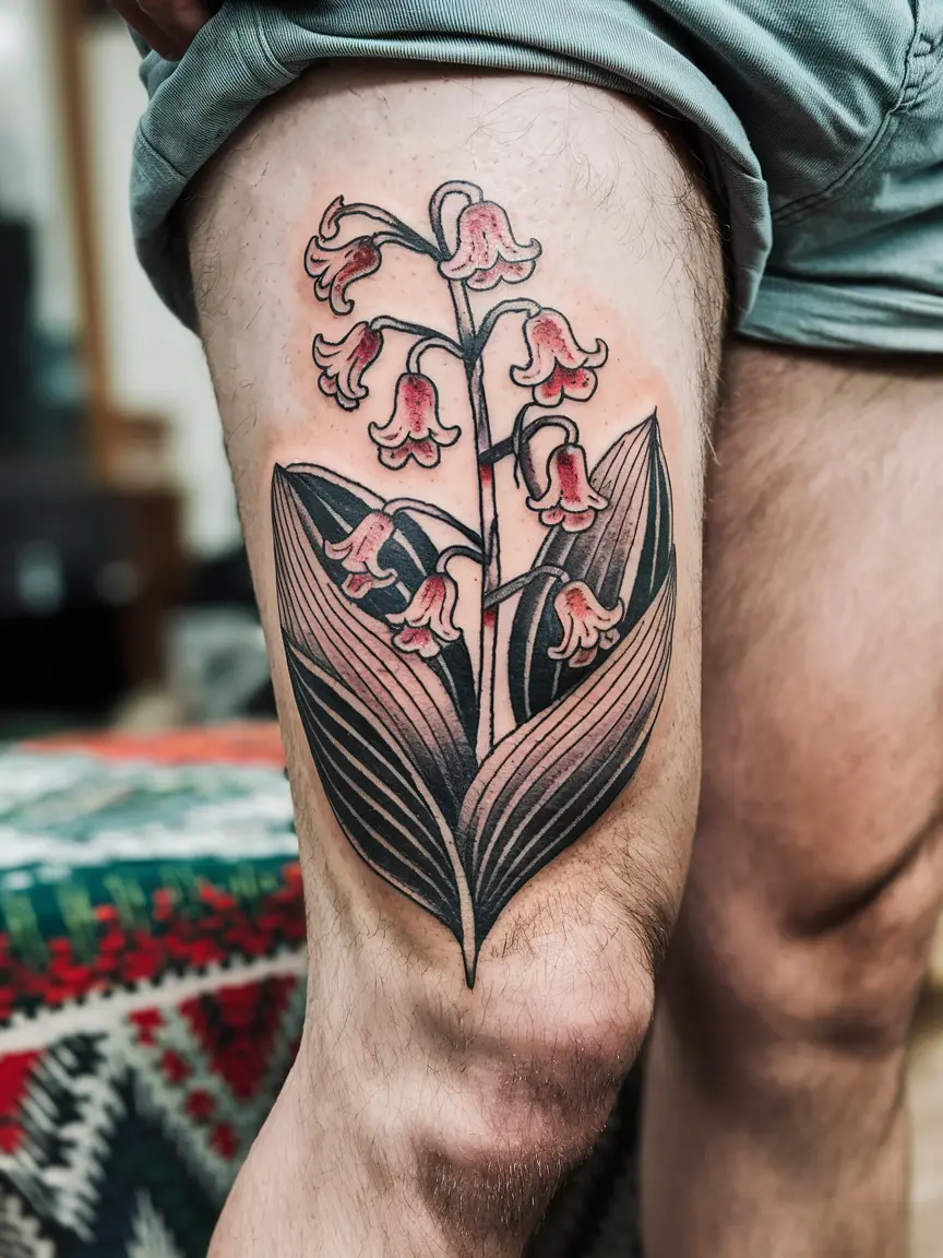 Traditional American style lily of the valley thigh tattoo