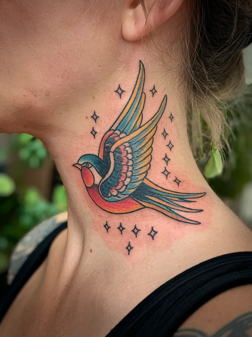 Traditional style swallow neck tattoo