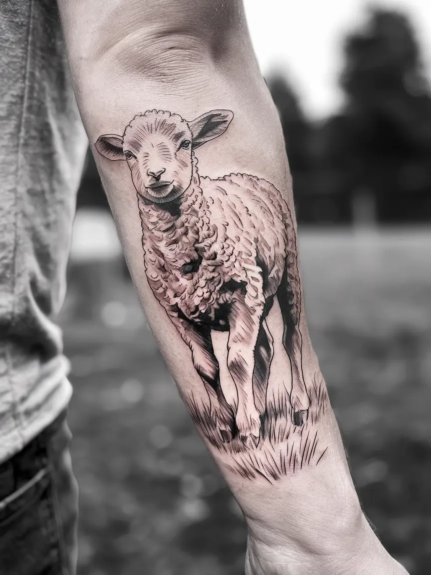 Sketch-style lamb tattoo on forearm