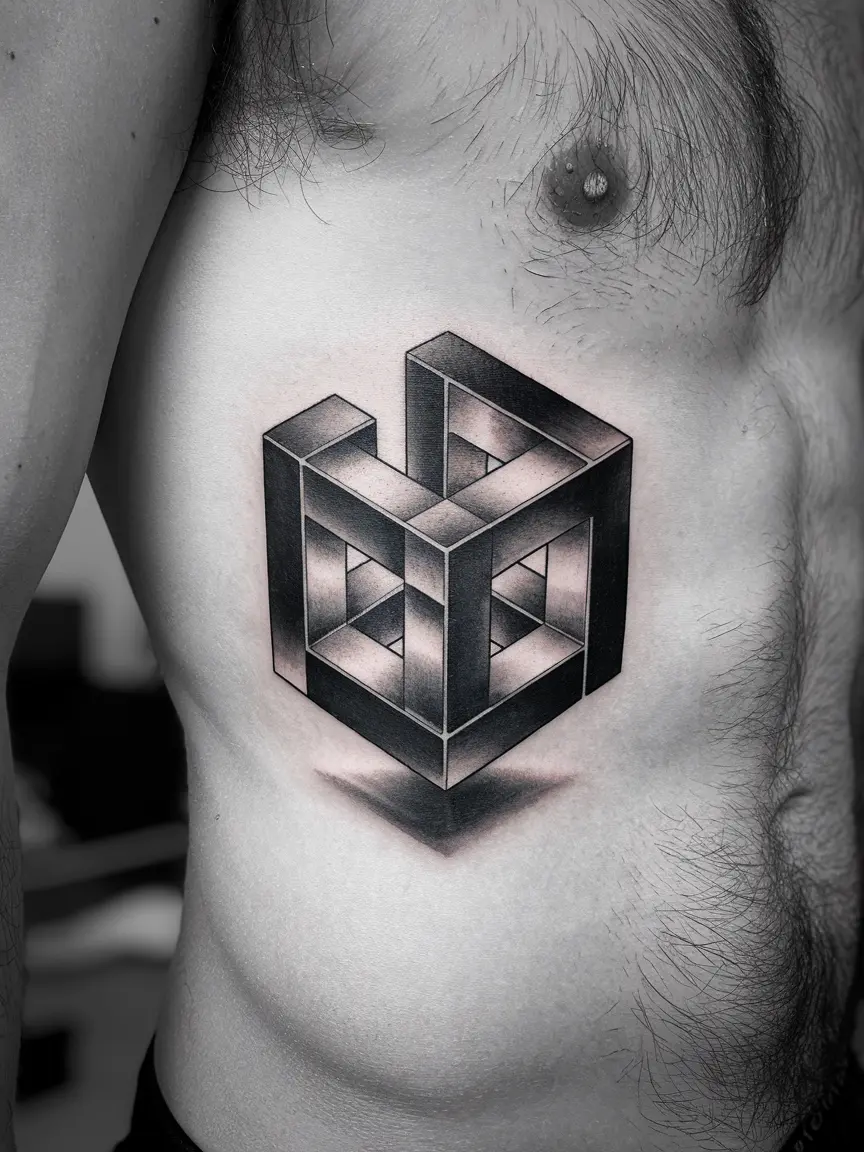 Man's ribcage tattoo of optical illusion