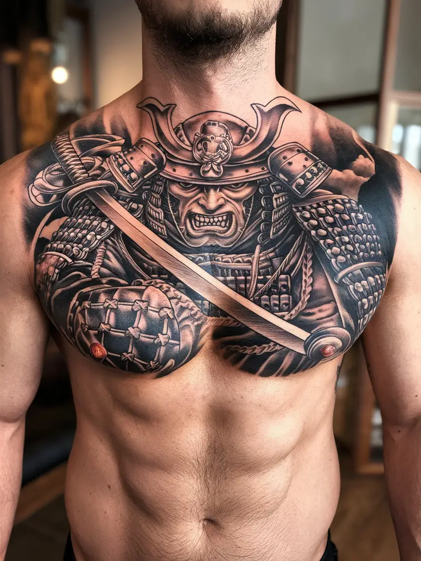 Samurai warrior chest tattoo on man