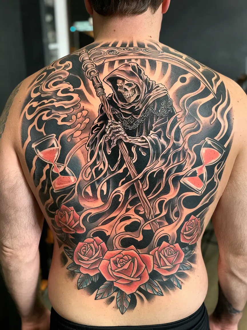 Neotraditional grim reaper tattoo on back