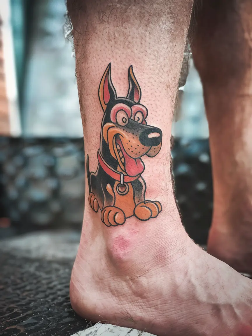 Cartoon Doberman tattoo on ankle