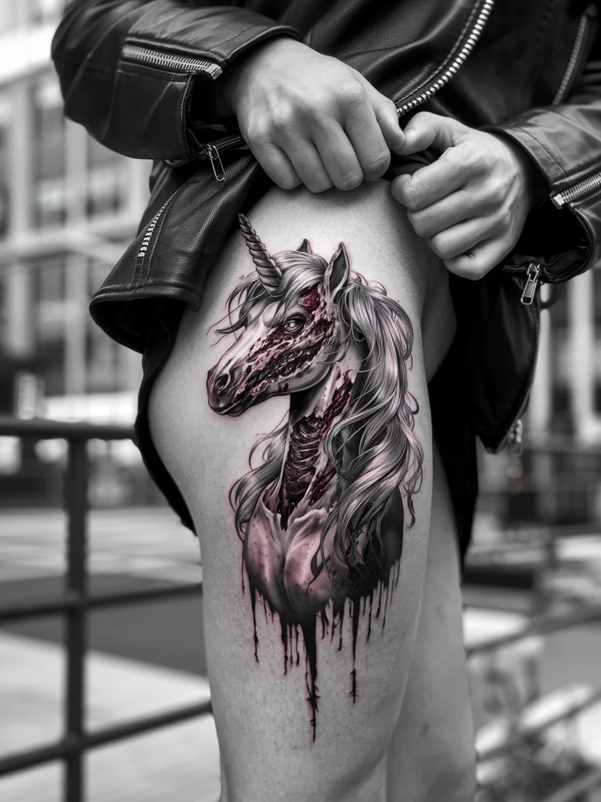 Zombie unicorn tattoo on woman's thigh