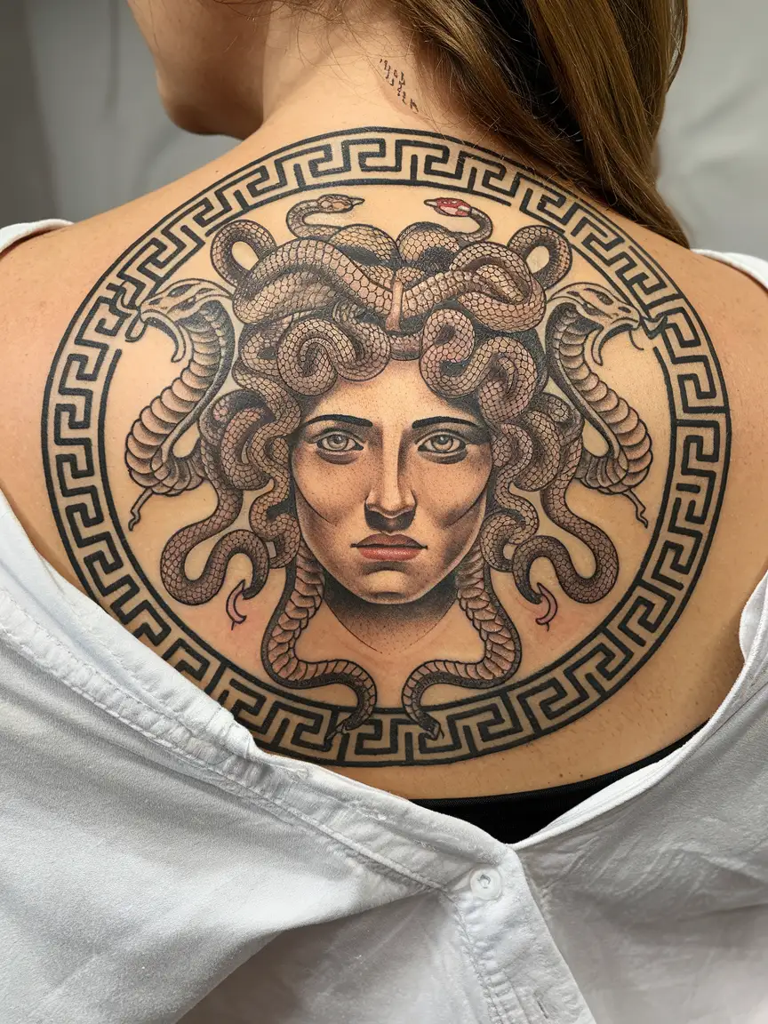 Medusa with cobra hair back tattoo