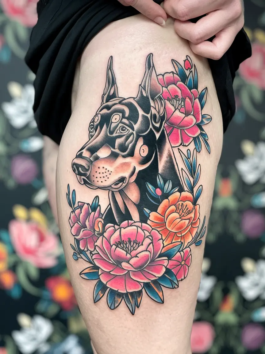 Doberman with flowers tattoo on thigh
