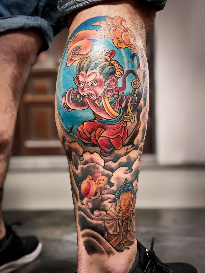 Sun Wukong calf tattoo