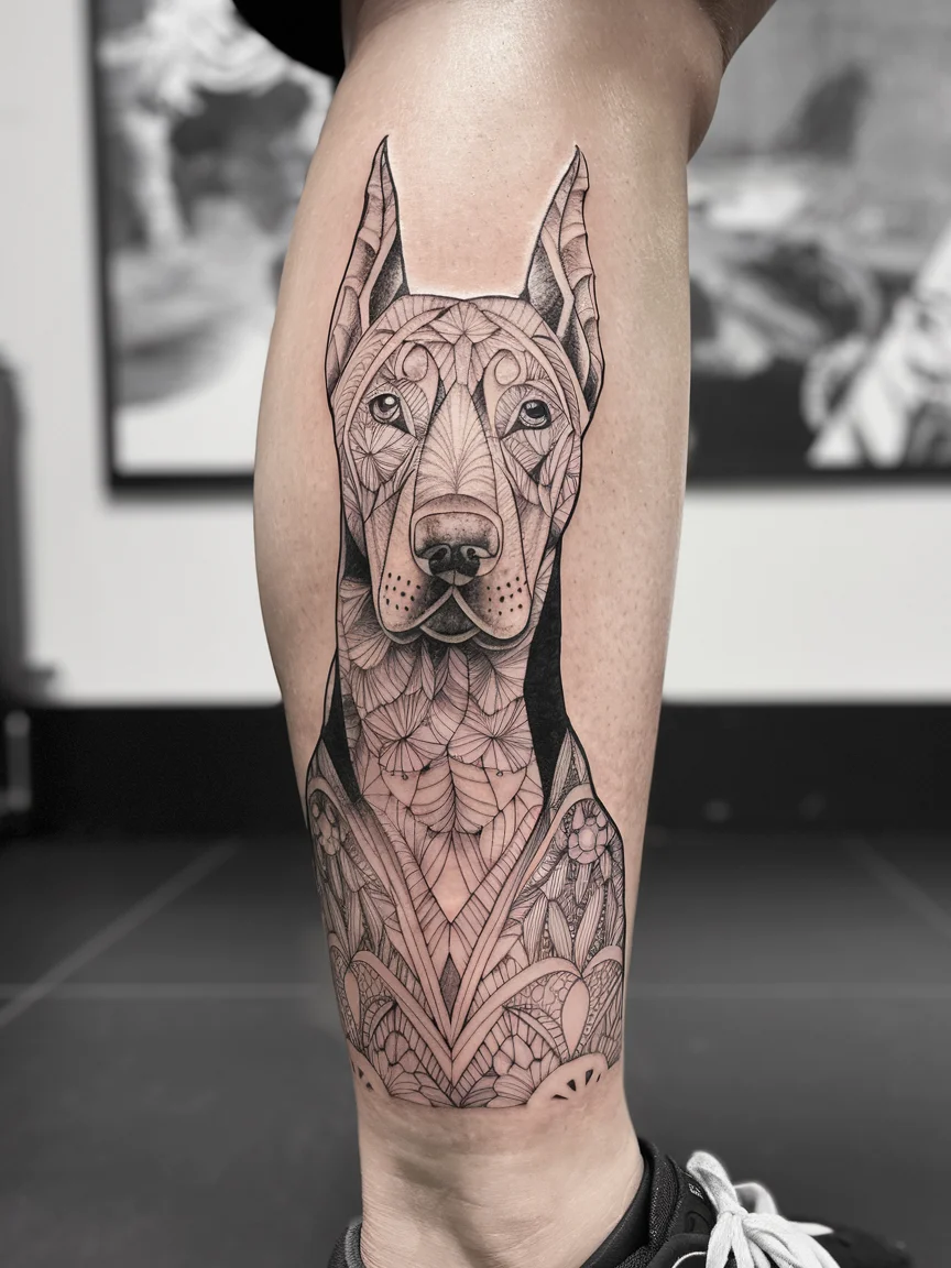 Zentangle Doberman tattoo on calf