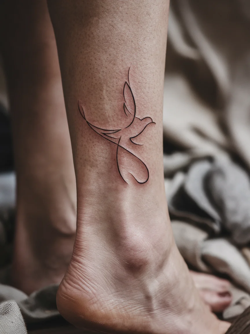 Abstract minimalist bird tattoo on woman's ankle