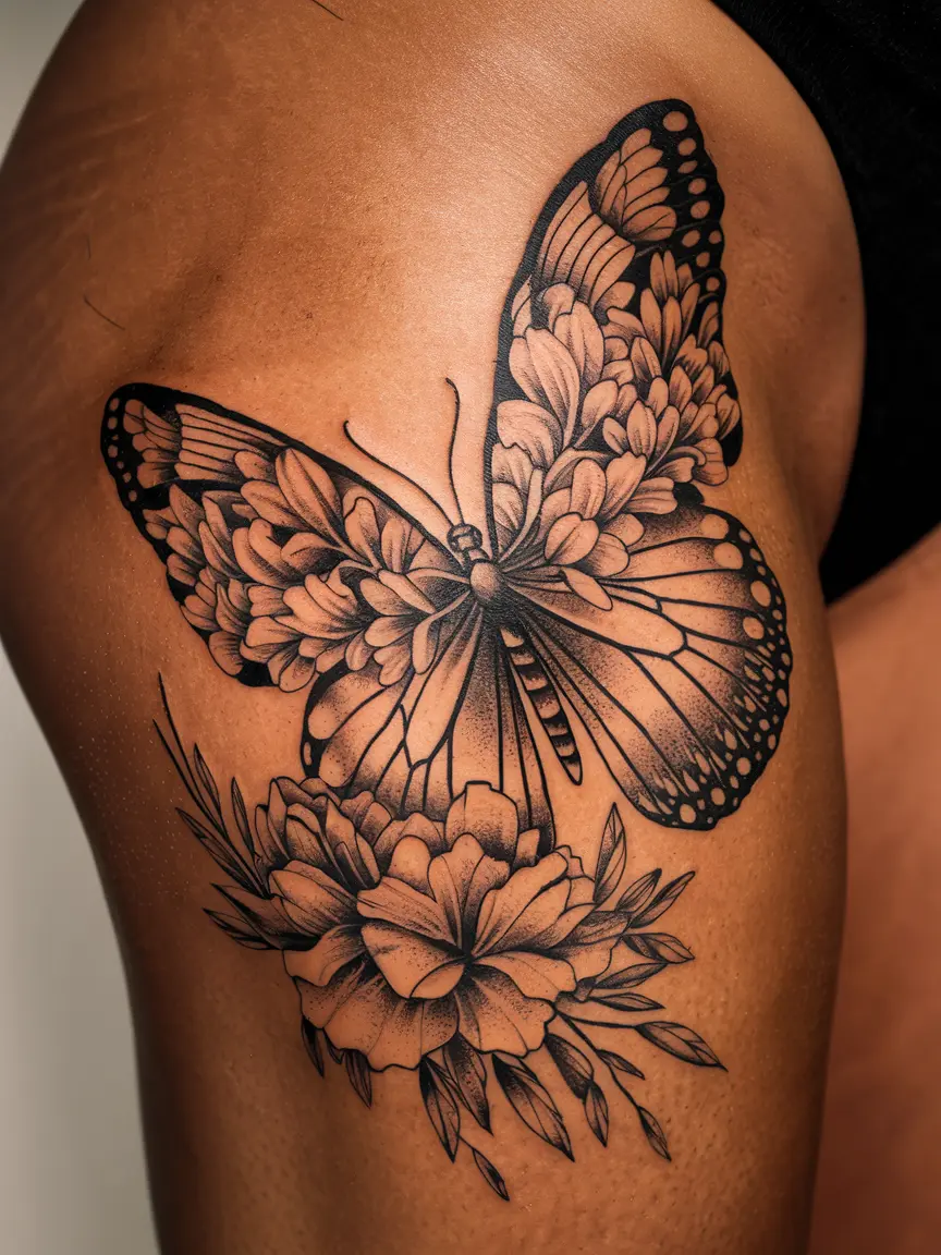 Floral butterfly tattoo on thigh