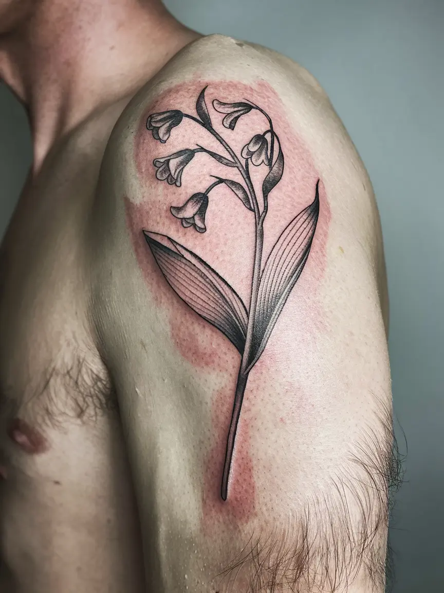 Single stem lily of the valley inner bicep tattoo