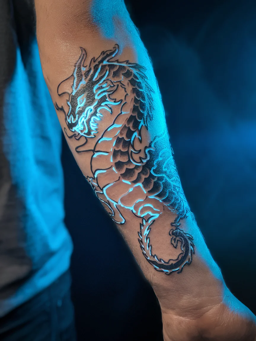 Glow-in-the-dark dragon forearm tattoo
