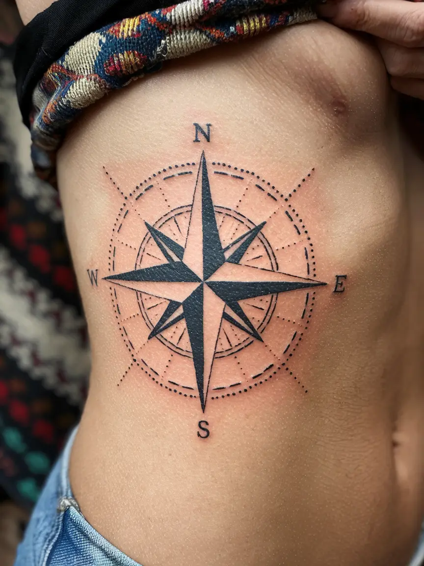 Dotwork compass tattoo on woman's ribcage