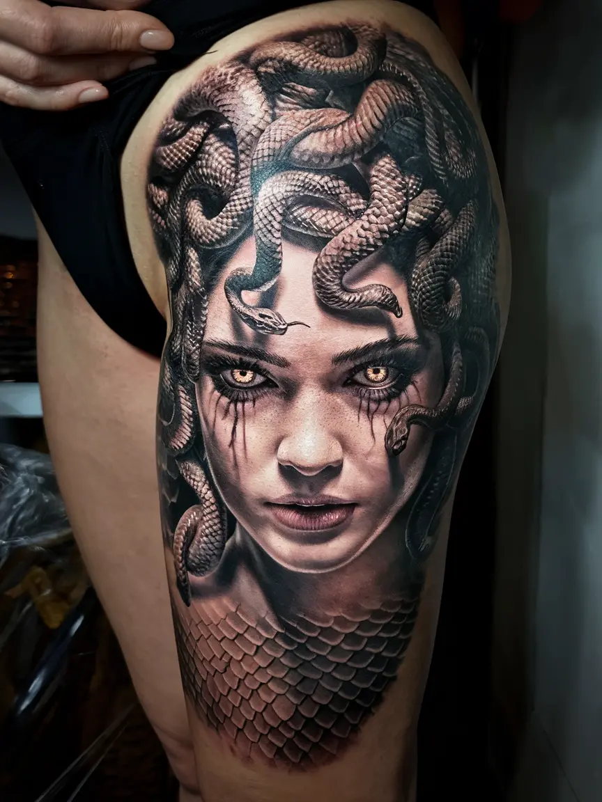 Detailed Medusa thigh tattoo