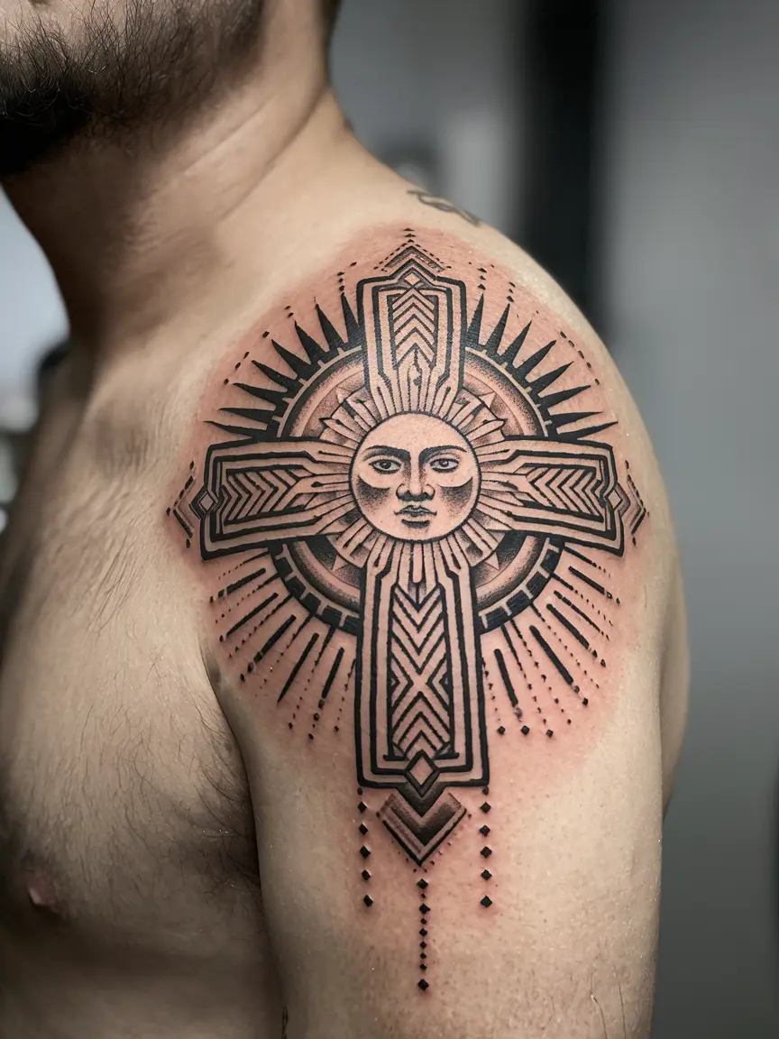 Incan sun cross neotribal tattoo on shoulder
