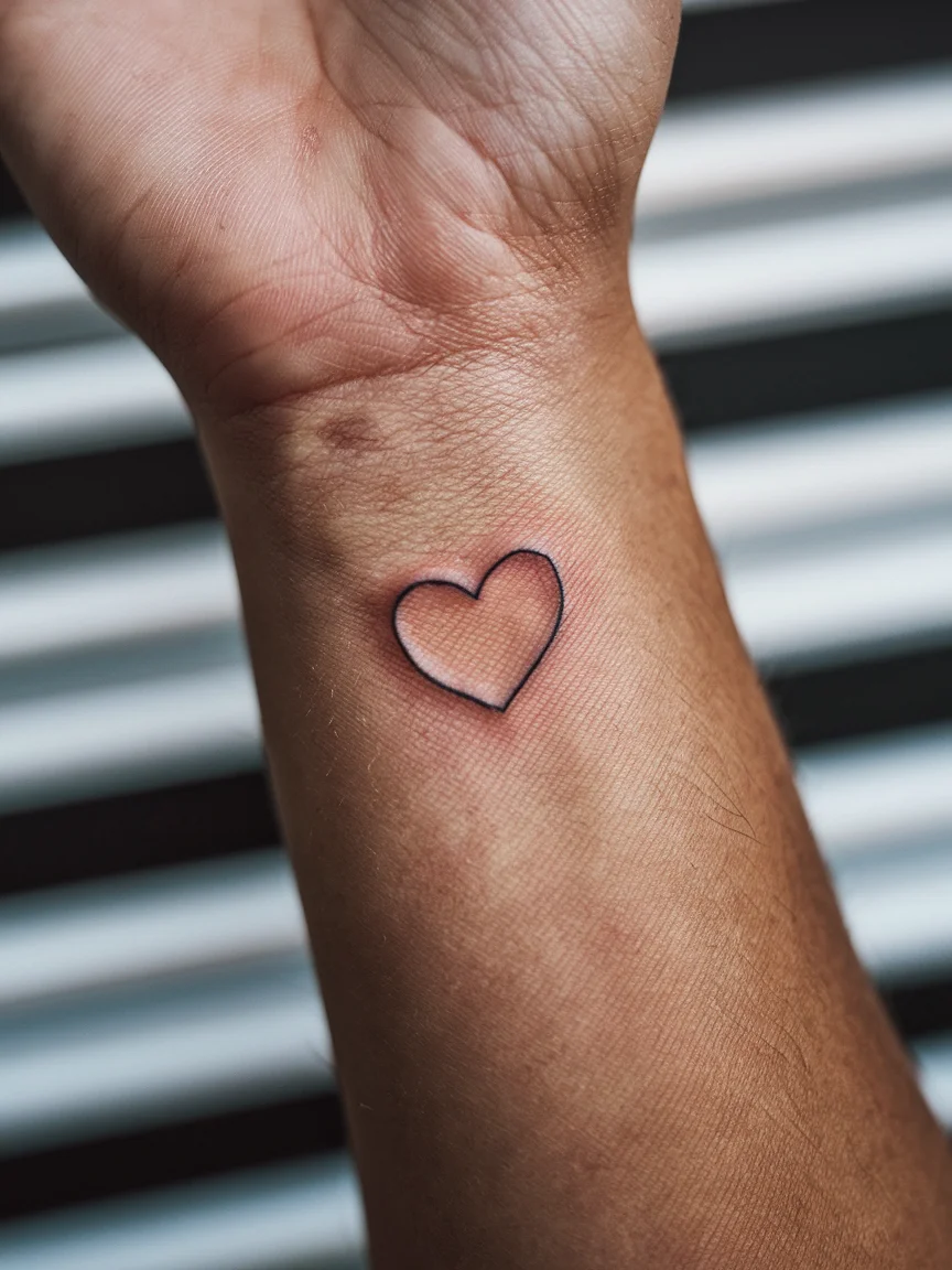 Woman's wrist with tiny heart stick and poke tattoo