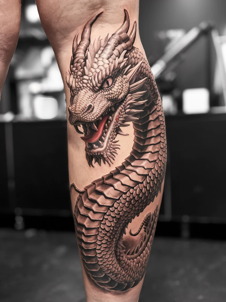 3D realistic dragon calf tattoo