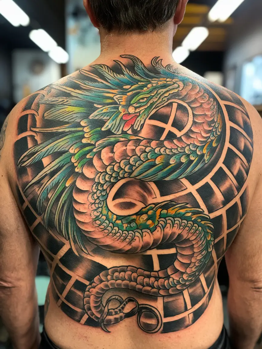 Man's back tattoo of feathered serpent Quetzalcoatl