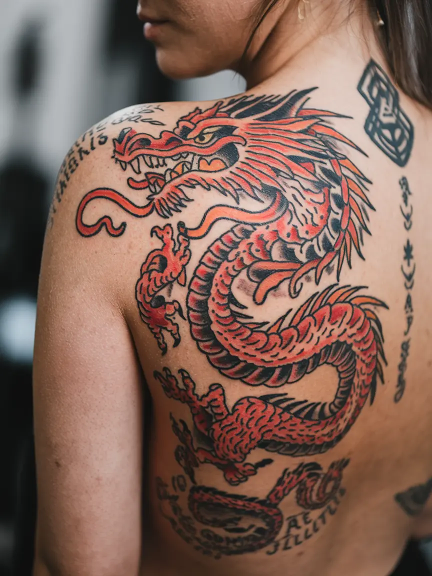Trash Polka dragon upper back tattoo