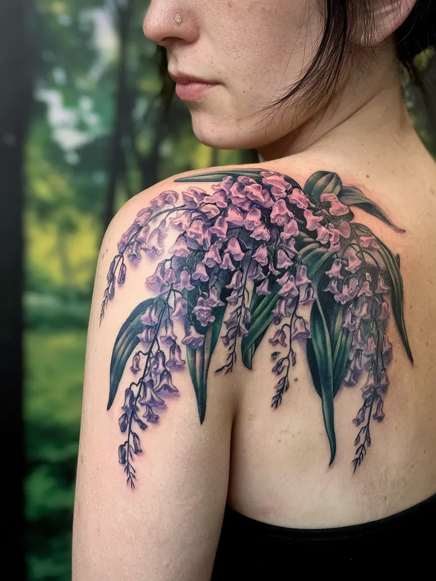 Lily of the valley bouquet shoulder tattoo