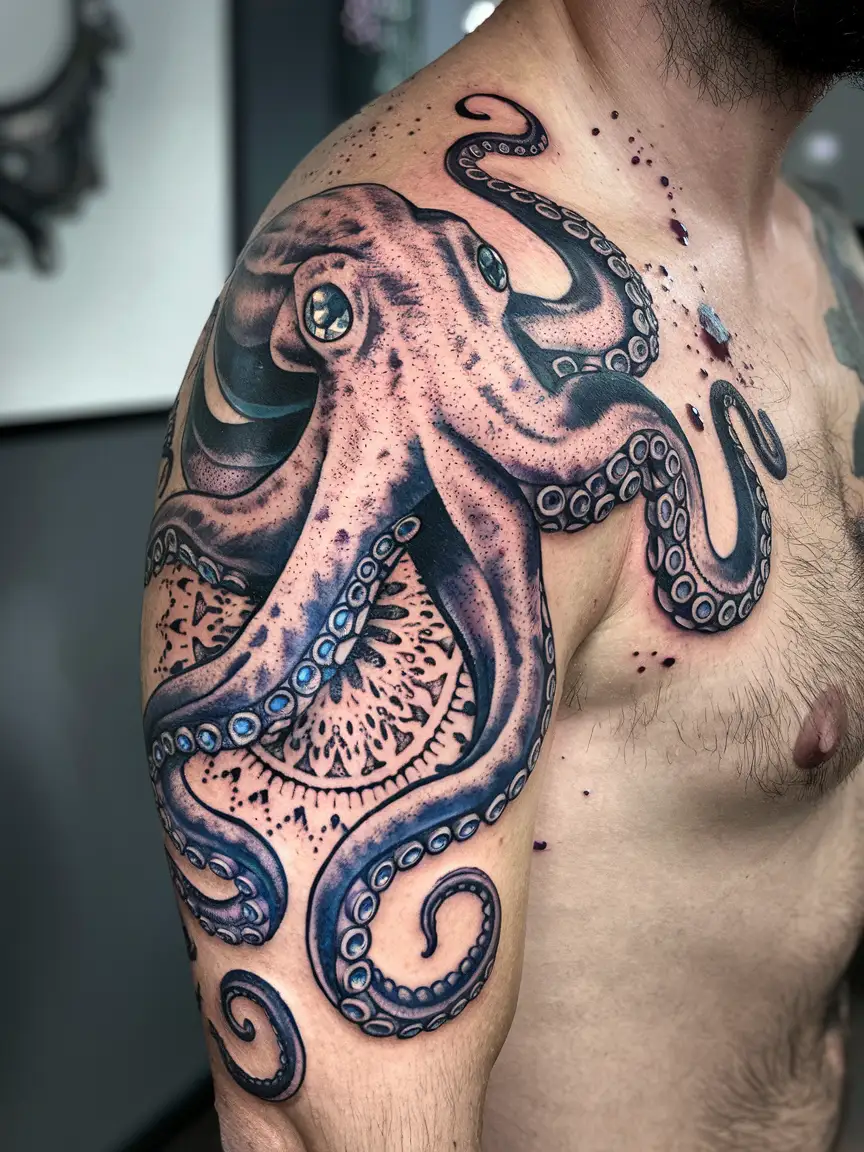 Neotraditional octopus tattoo on shoulder and upper arm