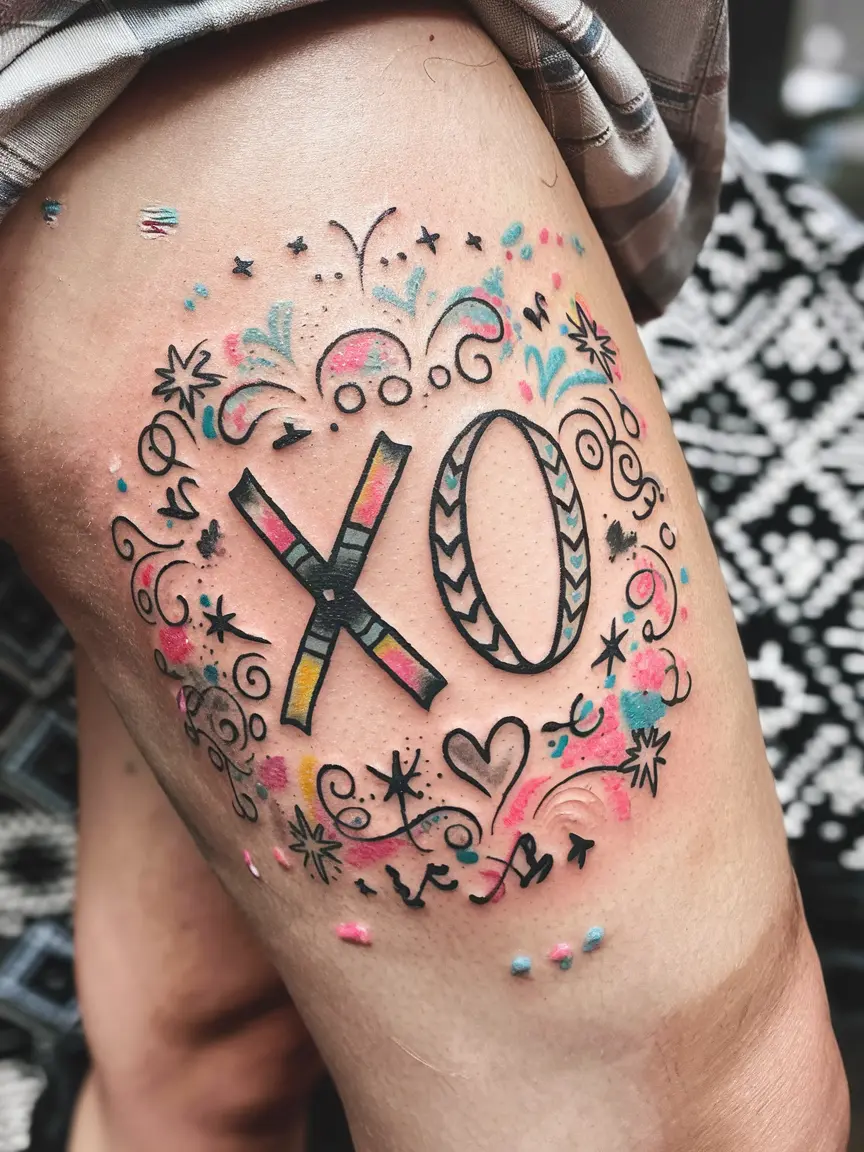 Doodle-style XO tattoo on thigh
