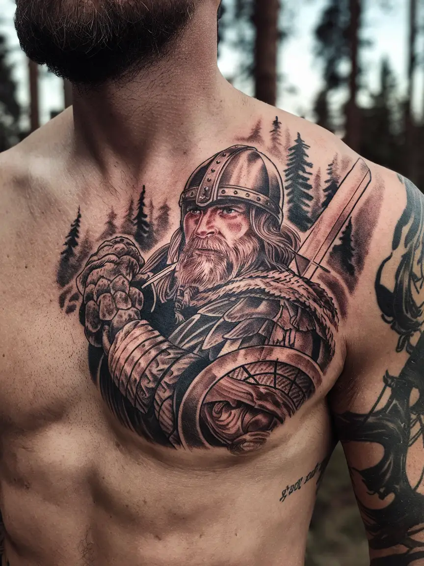 Viking warrior chest tattoo on man