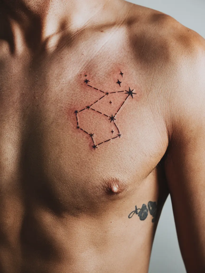 Man's ribcage with constellation stick and poke tattoo