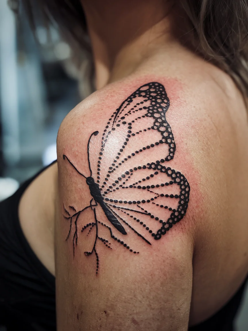 Woman's shoulder blade with dotwork butterfly stick and poke tattoo