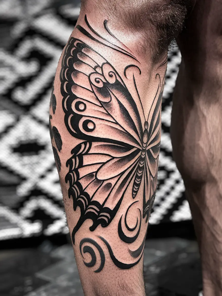 Tribal style butterfly tattoo on calf