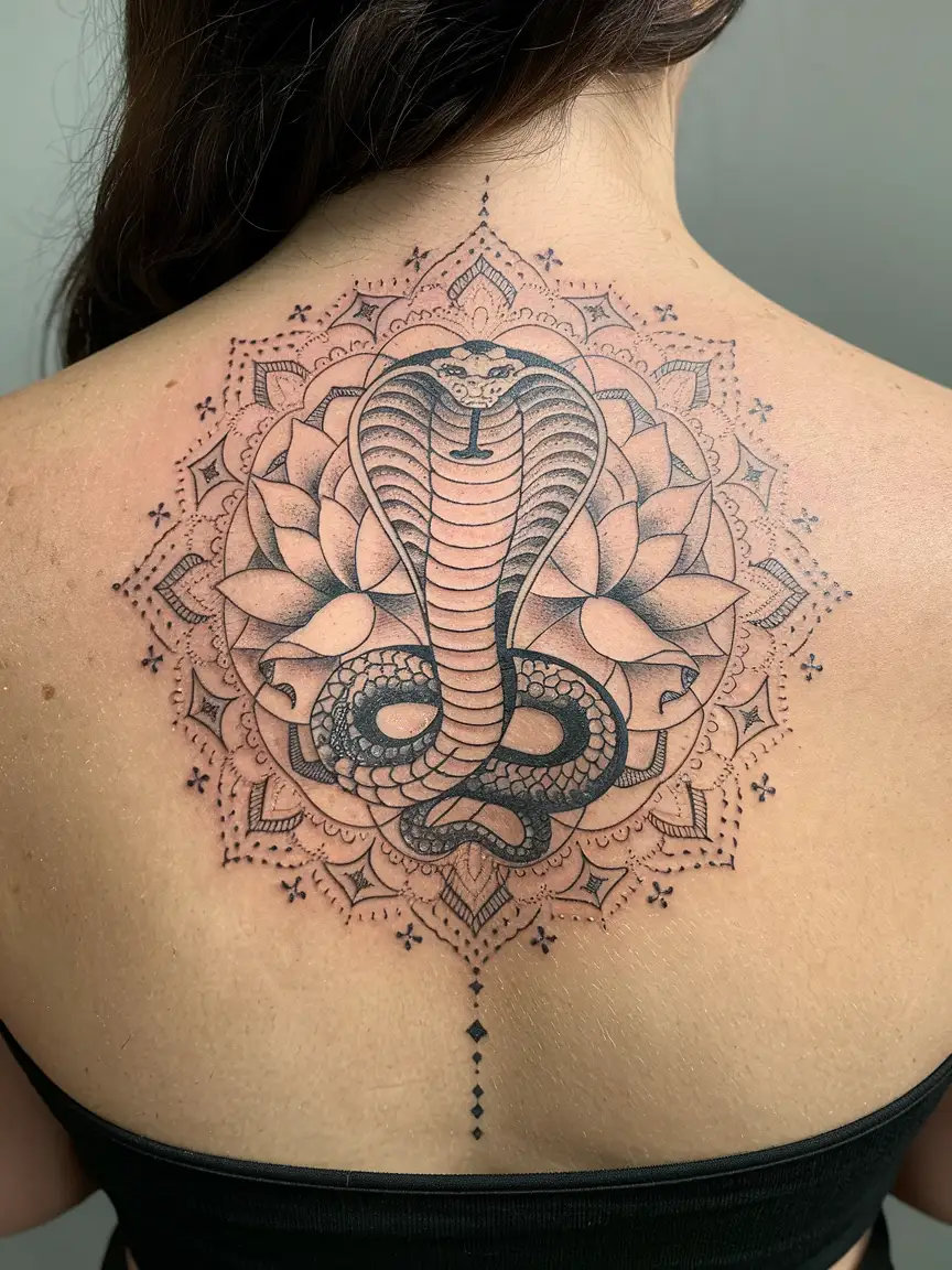 Cobra and lotus mandala back tattoo