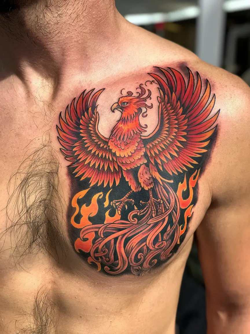 Phoenix rising chest tattoo on man