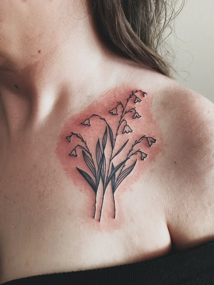 Stick and poke lily of the valley collarbone tattoo