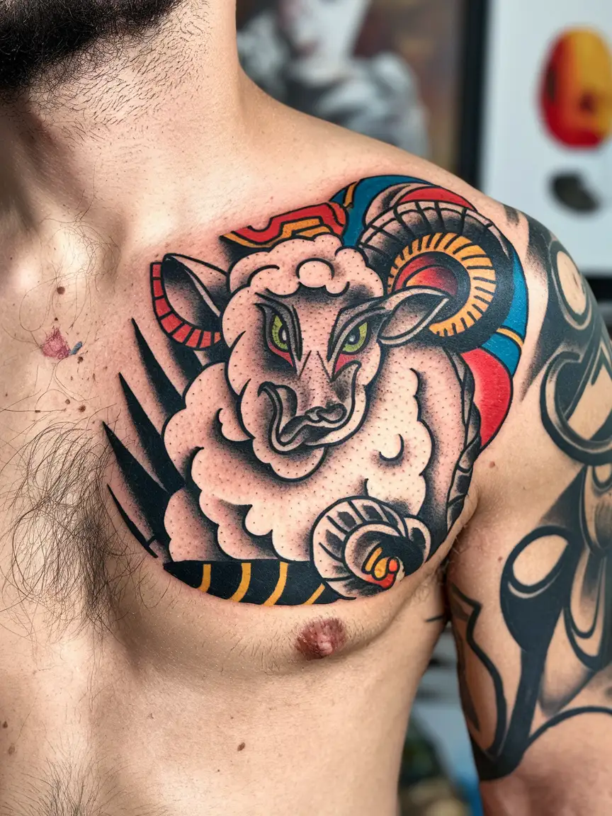 Neo-traditional lamb tattoo on chest