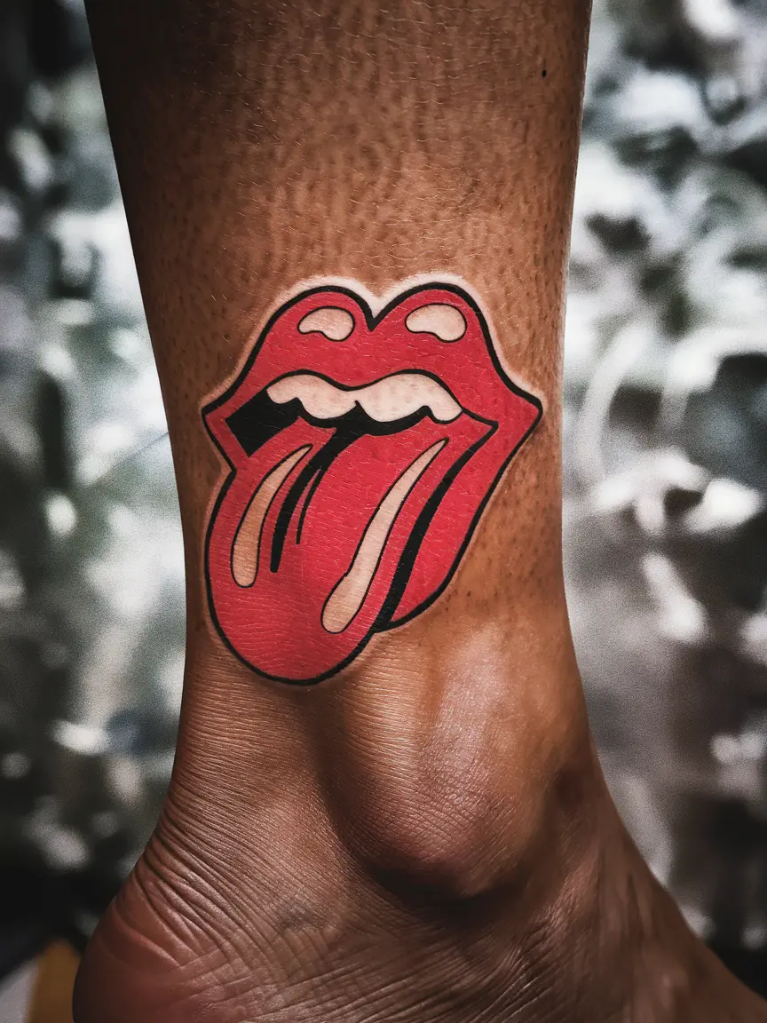 Woman's ankle with Rolling Stones logo tattoo